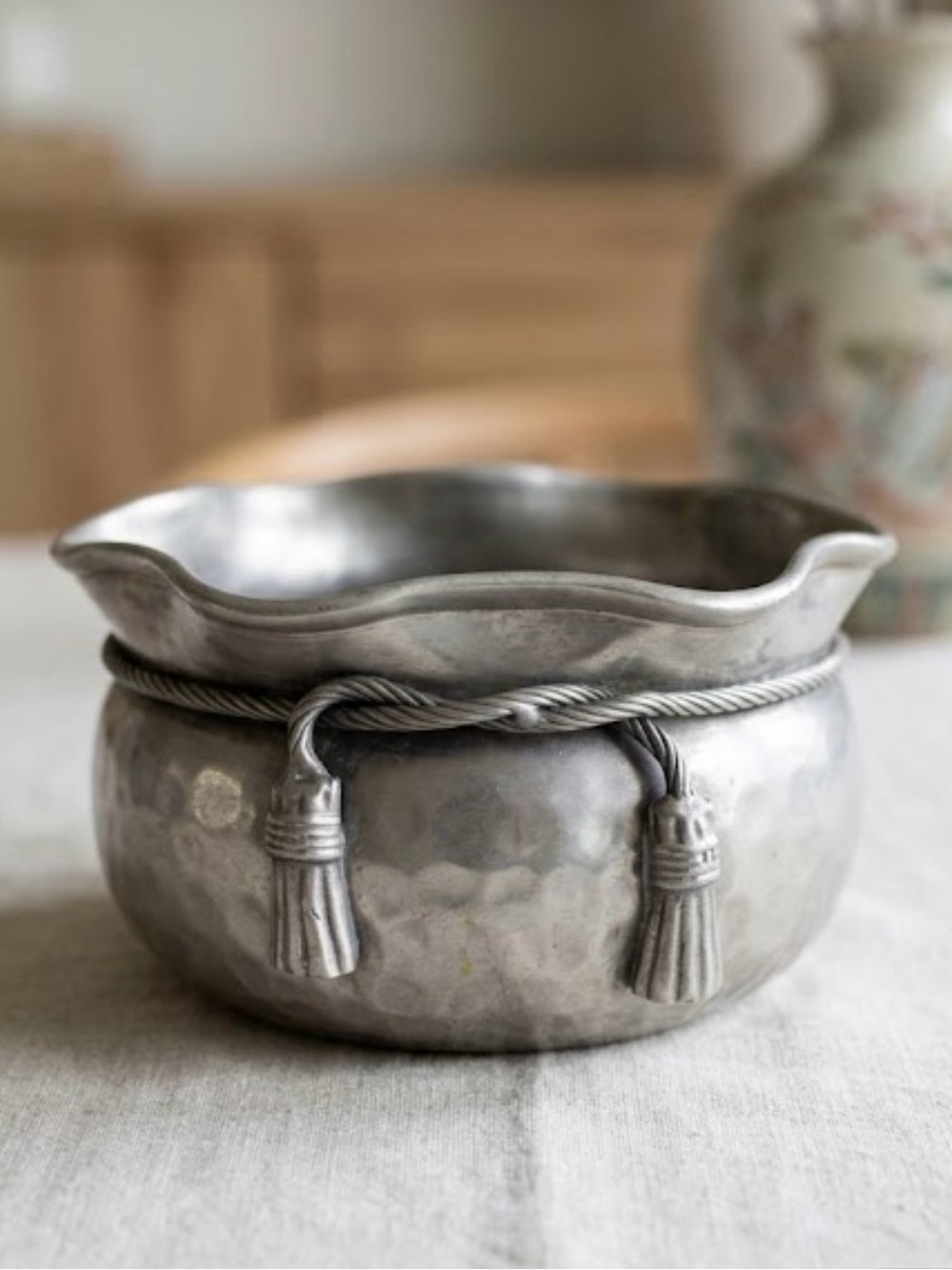 Decorative Hammered Metal Bowl with Rope Tassel Detail - Silver